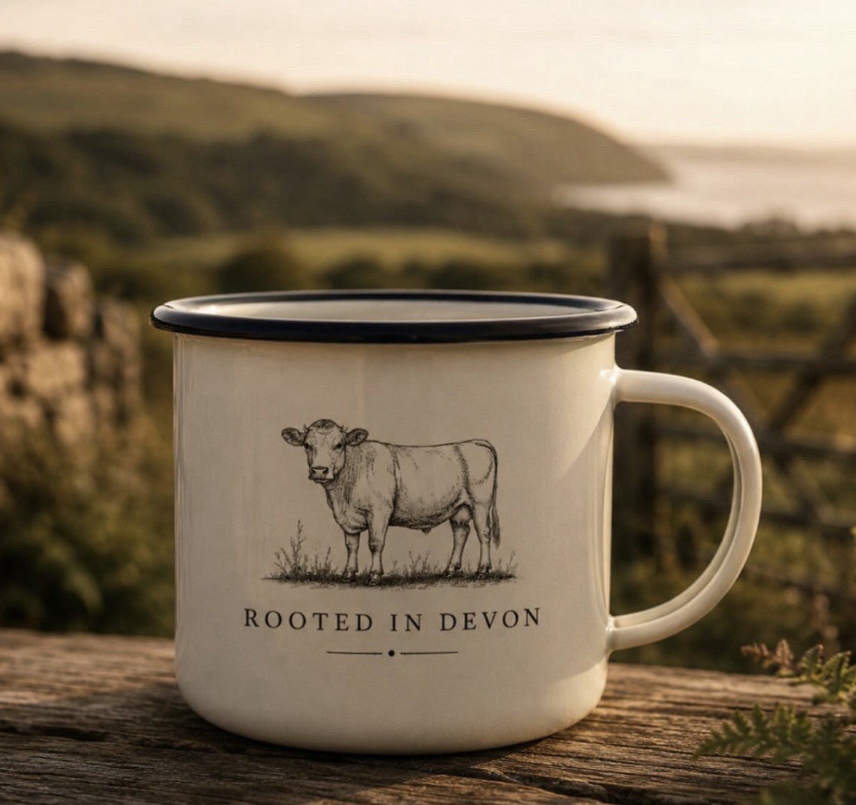 Rooted in Devon enamel mug